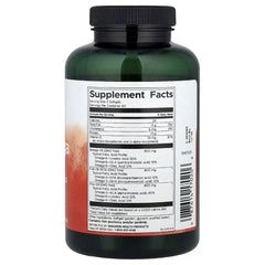 Omega-3 supplement bottle with black cap, dark green plastic, supplement facts label