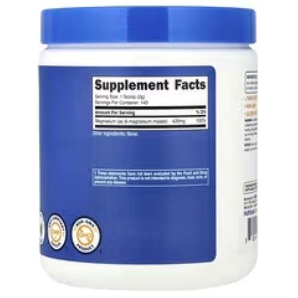 Magnesium malate powder supplement jar back panel with Supplement Facts label