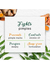 Neem face wash benefits card with pimple-fighting, oil control and soap-free text