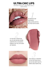 Lip gloss swatch on lips with infographic-style callouts