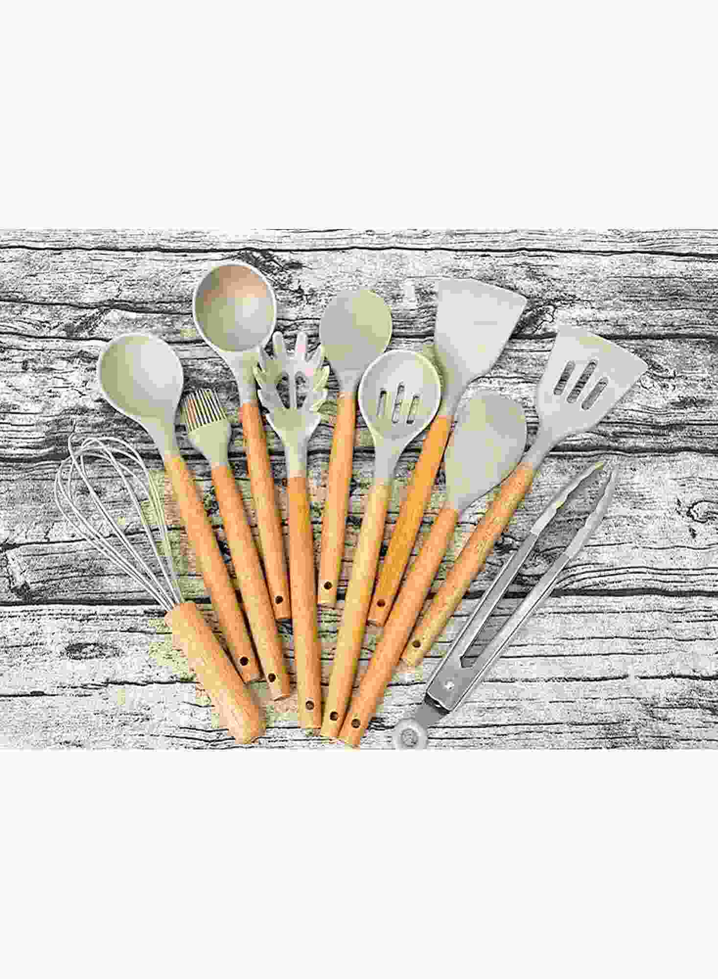 12 piece silicone kitchenware set by Huitich with wooden handles including spoons, spatulas, whisk, and tongs on wooden background