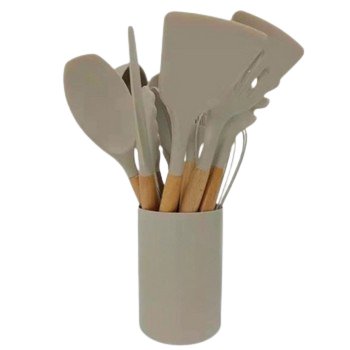 Huitich 12 piece silicone kitchenware set with wooden handles in gray holder for cooking utensils