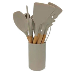 Huitich 12 piece silicone kitchenware set with wooden handles in gray holder for cooking utensils