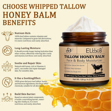 Whipped tallow honey balm jar with black lid, shown over honeycomb graphic