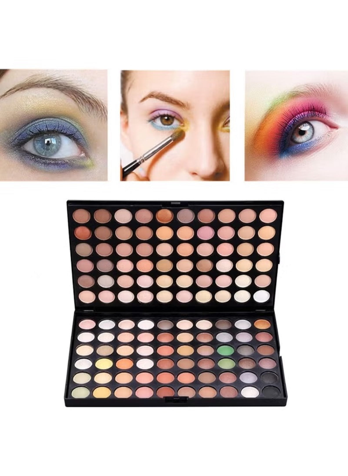 Huitich 120 color eyeshadow palette with diverse shades shown with colorful eye makeup looks