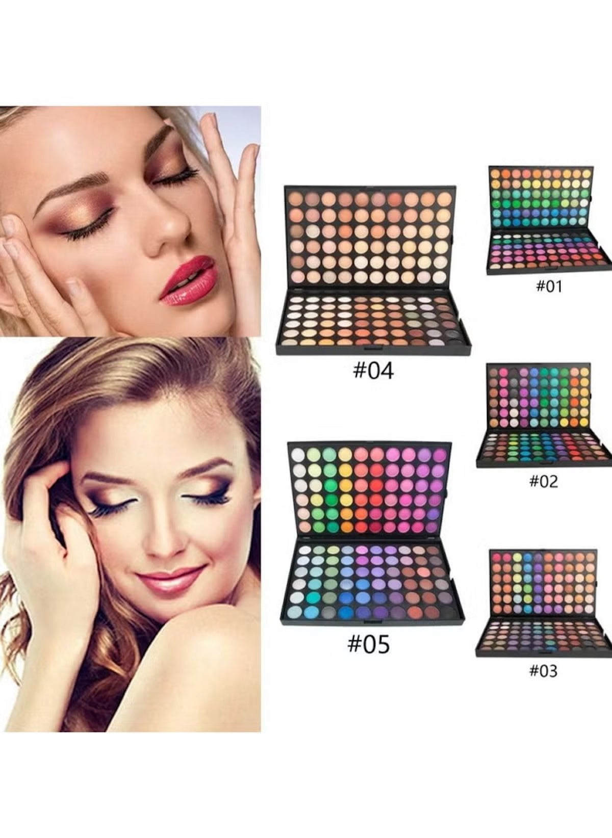 Huitich 120 color eyeshadow palette with vibrant shades and models showcasing makeup looks