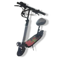 Electric scooter with seat, gray frame and black handlebars, multicolor deck and front headlight