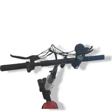 Electric scooter with seat, black handlebar and stem, wired control panel, multicolor deck