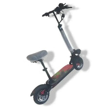 Electric scooter with seat, gray frame, black wheels, multicolor deck and rear fender