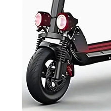 Front wheel and fork of an adult e-scooter with LED lights and black suspension