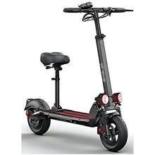 Adult e-scooter with black seat, maroon deck stripe, front wheel and headlight