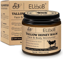 Whipped tallow honey balm jar with black lid and ELbub label, plus product box