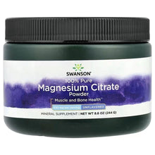 Magnesium citrate powder supplement jar, unflavoured, front label with 100% pure.