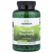 Mucuna pruriens supplement bottle with black cap, green capsules, SWANSON front label