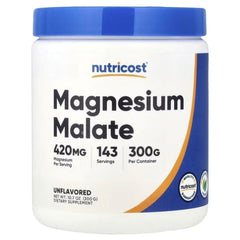 Magnesium malate powder supplement jar, white with blue lid and nutricost label