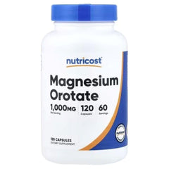 Magnesium orotate supplement bottle, blue cap, 120 capsules label