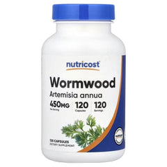 Wormwood supplement bottle with blue cap and label, 450 mg, 120 capsules.