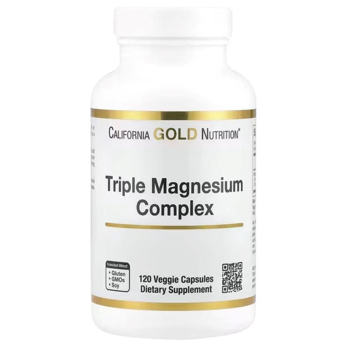 California Gold Nutrition مركب المغنيسيوم الثلاثي 105 ملجم لكل كبسولة - مالات وسترات وكيليت بيسجليسينات، 120 كبسولة نباتية