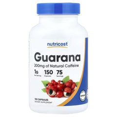 Nutricost Guarana supplement bottle with blue cap, red berry label, 150 capsules