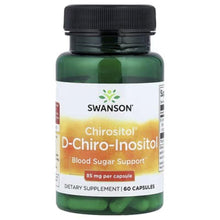 Supplement bottle with Swanson Chirositol D-Chiro-Inositol label, green capsules, black cap