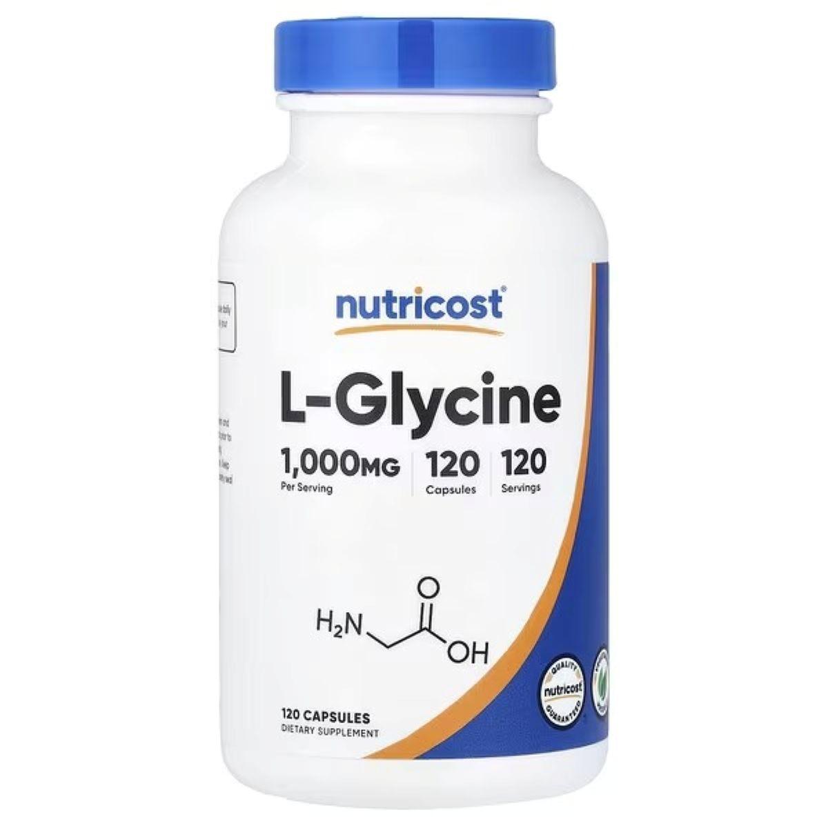 Nutricost L-Glycine 1,000 mg supplement bottle with blue cap and front label