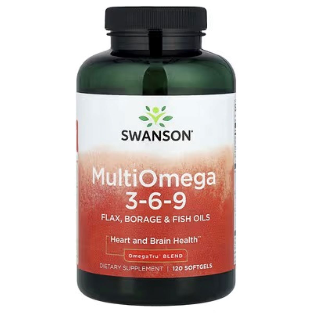 Omega-3 blend supplement bottle with black cap, dark green, MultiOmega 3-6-9 front label