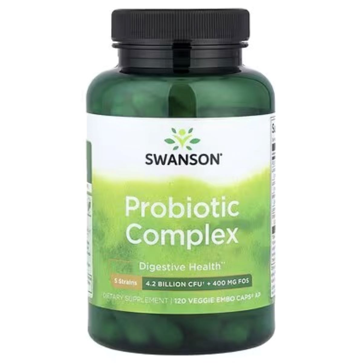 Swanson Probiotic Complex bottle with front label, green capsules inside and black cap
