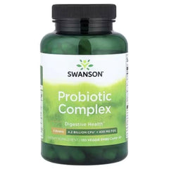 Swanson Probiotic Complex bottle with front label, green capsules inside and black cap