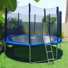Outdoor trampoline with safety net enclosure, blue frame, and ladder by the edge