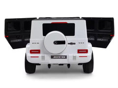 Rear view of white Mercedes Benz 12V kids ride-on car with remote and open back doors