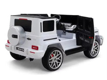 Kids ride-on car with door open, showing interior seats and steering controls