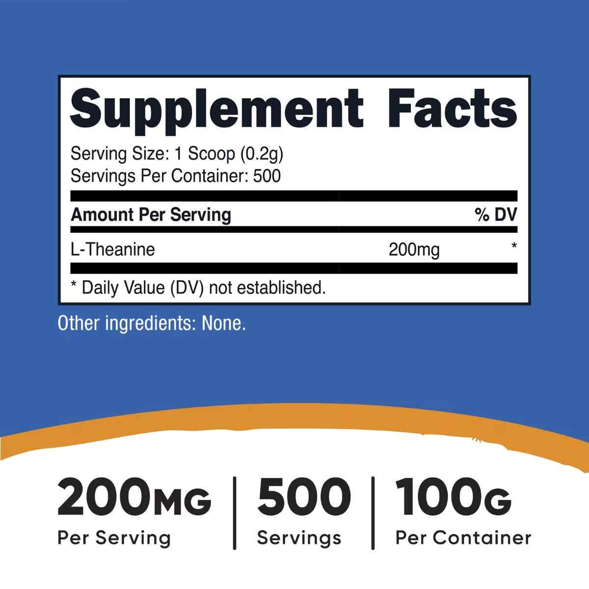Supplement Facts label showing L-Theanine 200mg per serving