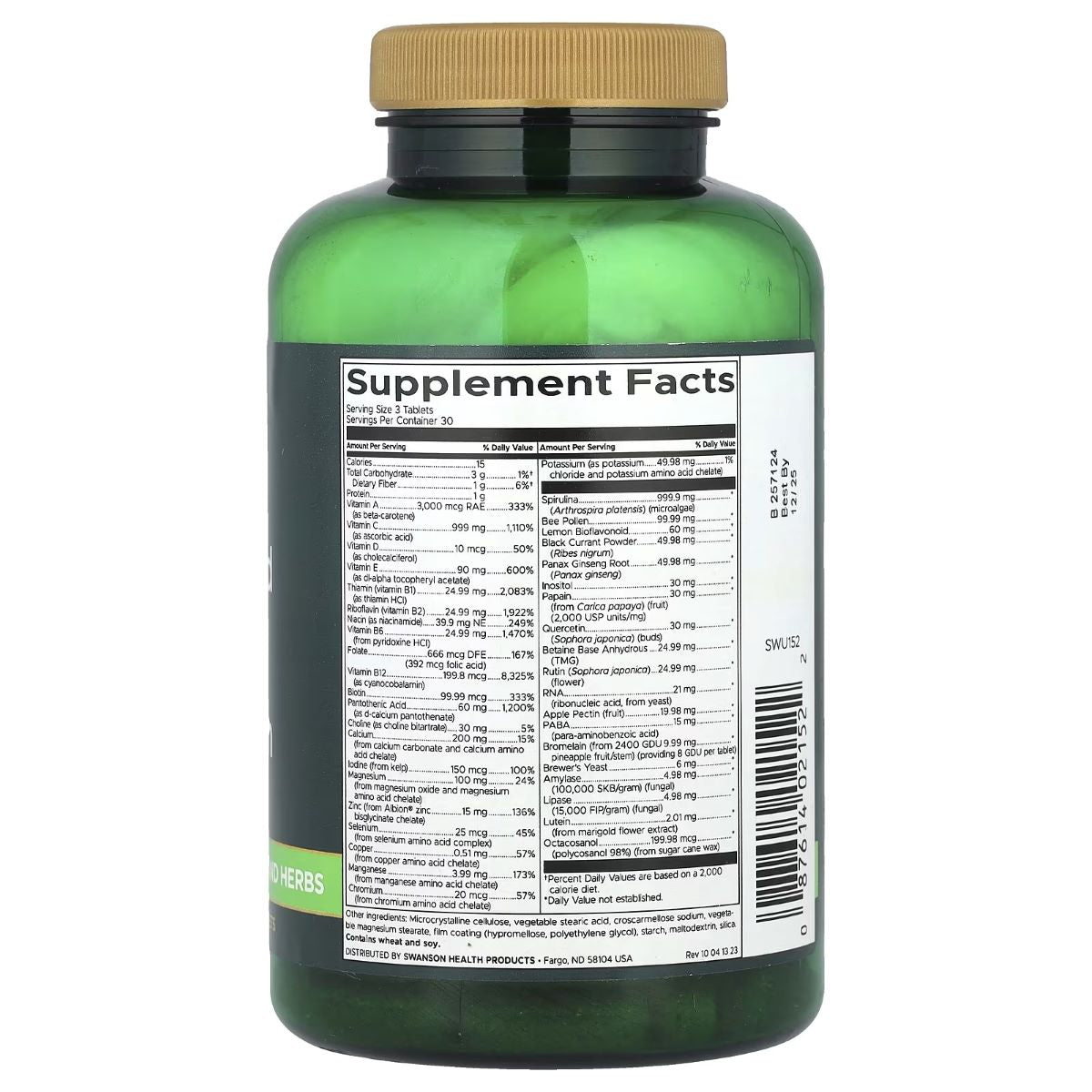 Swanson Whole Food Multi without iron supplement bottle, back Supplement Facts label