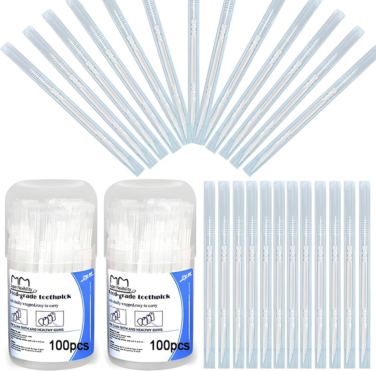 Dual-End Toothpicks, 200 Count Individually Wrapped, Disposable Oral Cleaning Sticks for Braces, Home, Office & Travel(White White)