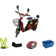Red 14-inch grocery bike with front basket and handlebar accessories