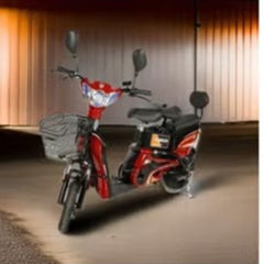 Huitich 14 inch tire electric cargo bike in red with front basket and rear seat in warehouse