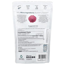 Blueberry extract pouch back with supplement facts, barcode, and small icons.