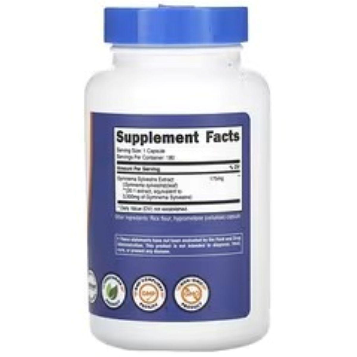 Gymnema Sylvestre supplement bottle back label with Supplement Facts panel