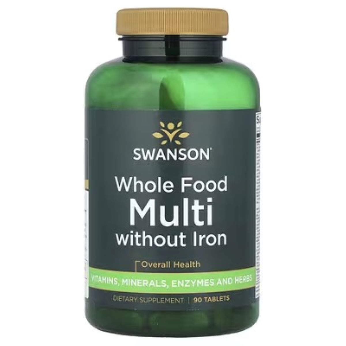 Swanson Whole Food Multi without iron supplement bottle, front label with vitamins text