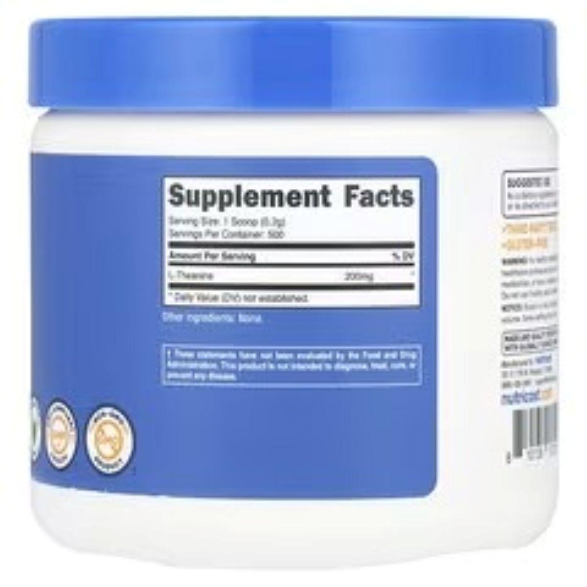 L-Theanine unflavoured supplement bottle back label with Supplement Facts panel