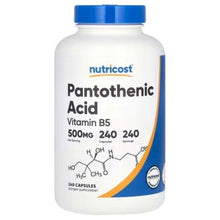 Pantothenic acid (Vitamin B5) supplement bottle, Nutricost, 500 mg, 240 capsules.