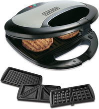 Black and silver 2-slice sandwich maker with nonstick plates, indicator lights