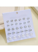 Crystal and pearl stud earring set on card, multiple round stone and pearl stud pairs