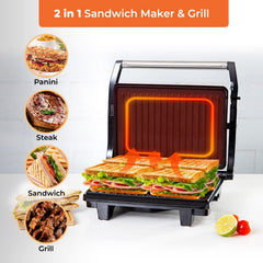 Geepas Stainless Steel Grill Maker, Power and Ready Light, GGM5394 | Non-Stick Cooking Plate | Easy to Clean | Practical Cable Winding | Lid Locking for Space-Saving Vertical Storage | Pilot Light