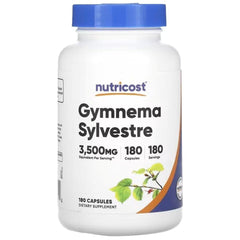 Gymnema Sylvestre supplement bottle with blue cap and label, 180 capsules