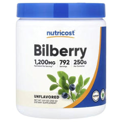 Bilberry powder supplement jar with blue lid and unflavored label