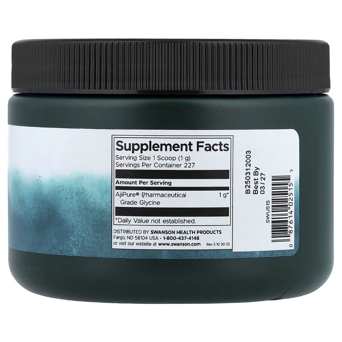 Glycine powder supplement jar with black lid and Supplement Facts label on back
