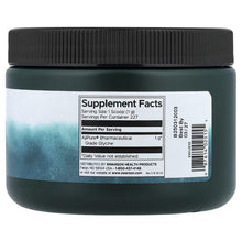 Glycine powder supplement jar with black lid and Supplement Facts label on back