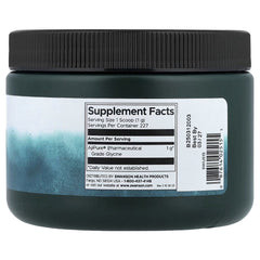 Glycine powder supplement jar with black lid and Supplement Facts label on back