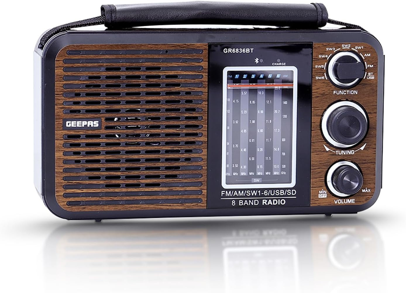 Geepas 8 band portable radio with speaker grille, display, and tuning/volume knobs